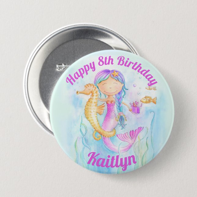 Mermaid and seahorse 8th Birthday custom name Button (Front & Back)
