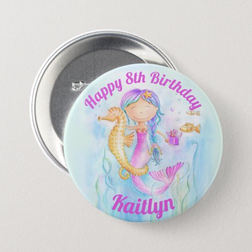 Mermaid and seahorse 8th Birthday custom name Button