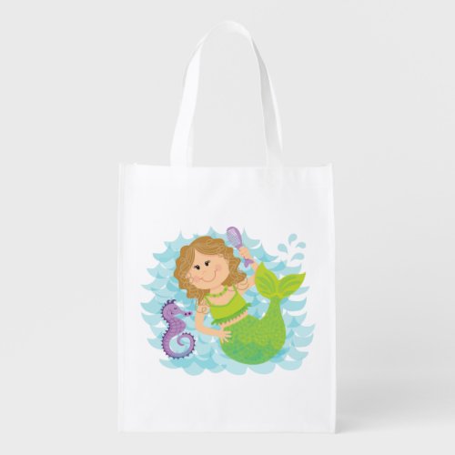 Mermaid and Seahorse Reusable Grocery Bag