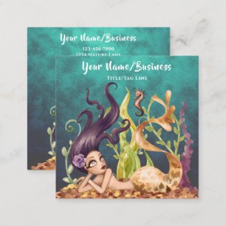 Mermaid and Seahorse Under the Sea Beach Square Business Card