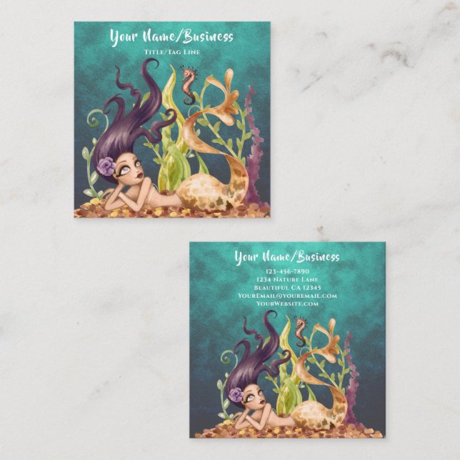 Mermaid and Seahorse Under the Sea Beach Square Business Card (Front/Back)