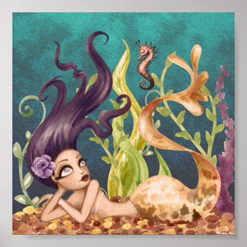 Mermaid and Seahorse Under the Sea Poster