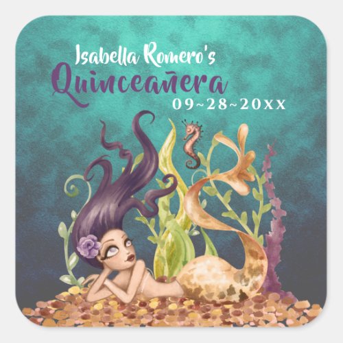Mermaid and Seahorse Under the Sea Quinceaera Square Sticker