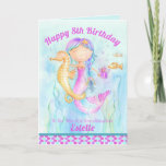 Mermaid and seahorse whimsy watercolor birthday card<br><div class="desc">Personalize this pretty mermaid in the water hugging a seahorse watercolor with your own birthday message,  name and age. Ideal for your granddaughter birthday in pretty shades of aqua,  purple and pink. Original watercolor painting and design by Sarah Trett for www.mylittleeden.com on zazzle.</div>