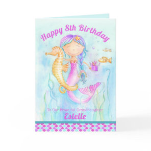 Mermaid and seahorse whimsy watercolor birthday card