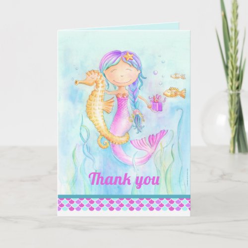 Mermaid and seahorse whimsy watercolor thank you card