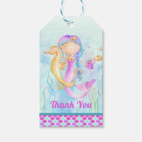 Mermaid and seahorse whimsy watercolor thank you gift tags