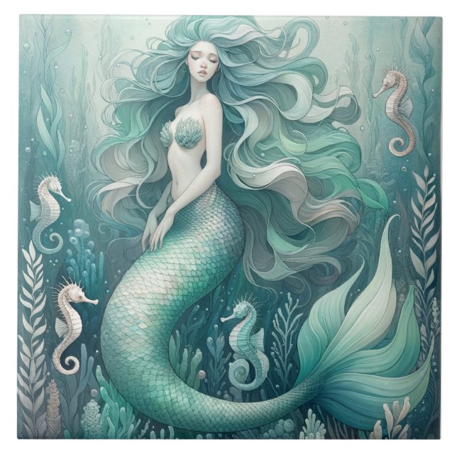 Mermaid and Seahorses - Oceanic Ceramic Tile (Front)