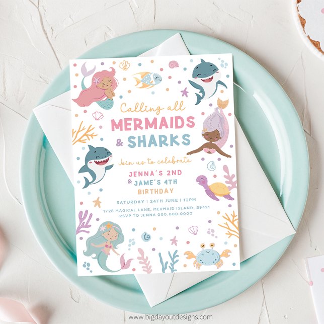 Mermaid and Shark Birthday Invitation (Mermaid and Shark Birthday Invitation)