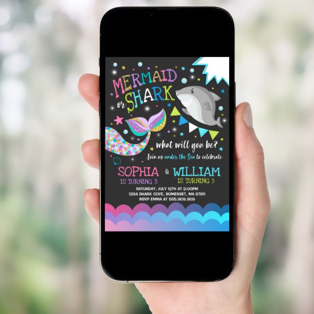 Mermaid And Shark Birthday Invitation Pool Party (Front Digital)