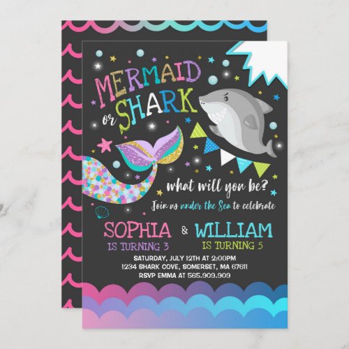 Mermaid And Shark Birthday Invitation Pool Party