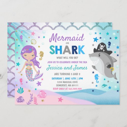 Mermaid And Shark Birthday Invitation Pool Party