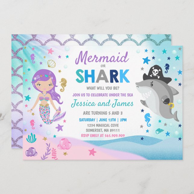 Mermaid And Shark Birthday Invitation Pool Party (Front/Back)