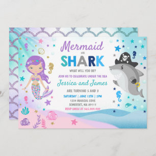 Mermaid And Shark Birthday Invitation Pool Party