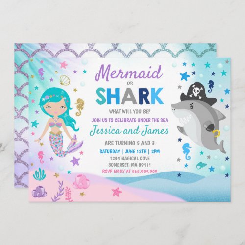 Mermaid And Shark Birthday Invitation Pool Party