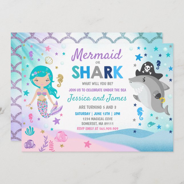 Mermaid And Shark Birthday Invitation Pool Party (Front/Back)