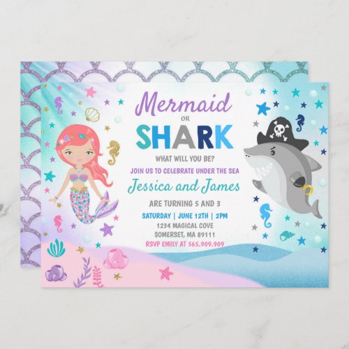 Mermaid And Shark Birthday Invitation Pool Party