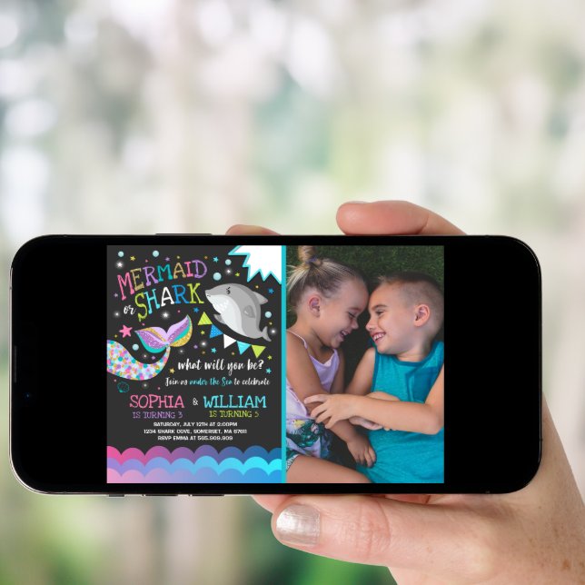 Mermaid And Shark Birthday Invitation Pool Party (Front Digital)