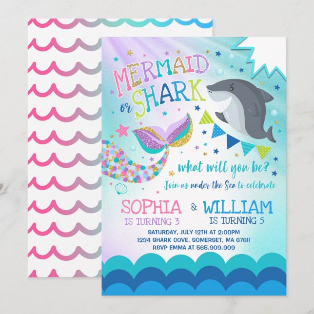 Mermaid And Shark Birthday Invitation Pool Party (Front/Back)