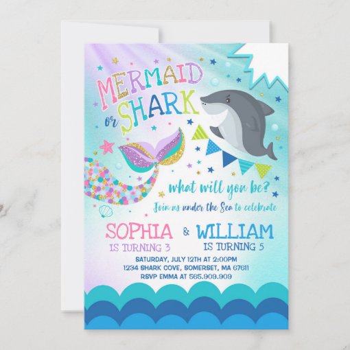 Mermaid And Shark Birthday Invitation Pool Party | Zazzle