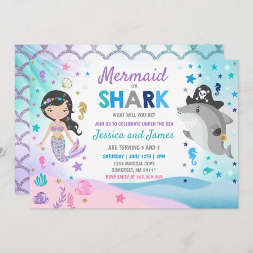 Mermaid And Shark Birthday Invitation Pool Party