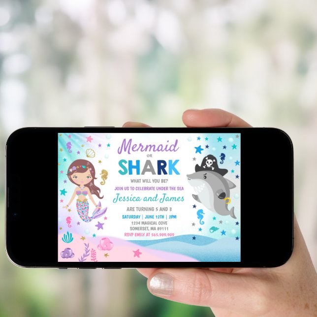Mermaid And Shark Birthday Invitation Pool Party (Front Digital)