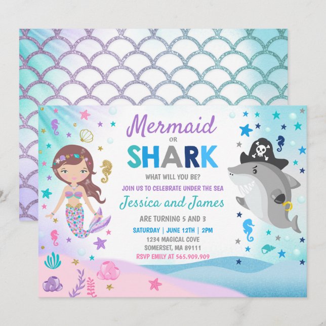 Mermaid And Shark Birthday Invitation Pool Party (Front/Back)