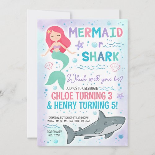 Mermaid and Shark Birthday Party Invitation