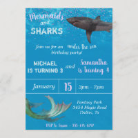 Mermaid and Shark Child's Birthday Party Under Sea Invitation