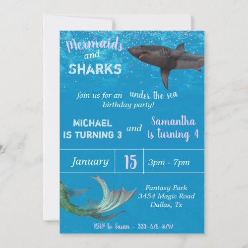 Mermaid and Shark Childs Birthday Party Under Sea Invitation