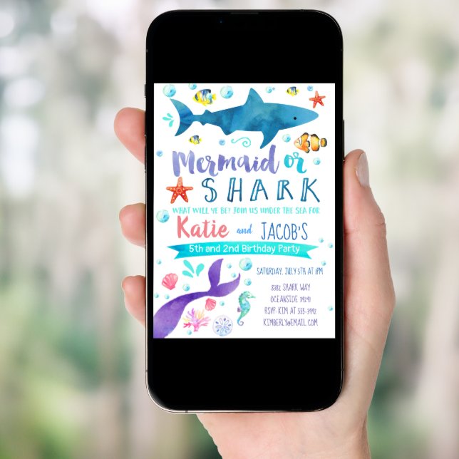 Mermaid and Shark Invitation Birthday Party Sea (Front Digital)