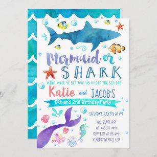 Mermaid and Shark Invitation Birthday Party Sea