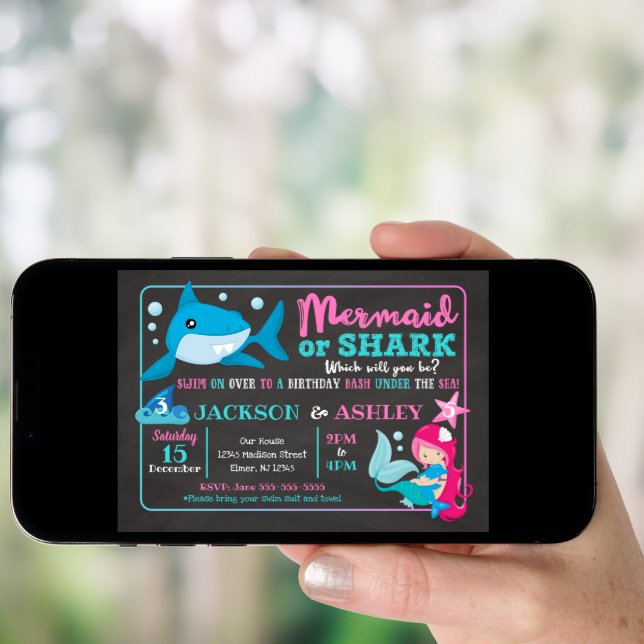 Mermaid and Shark Joint Birthday Invitation (Front Digital)