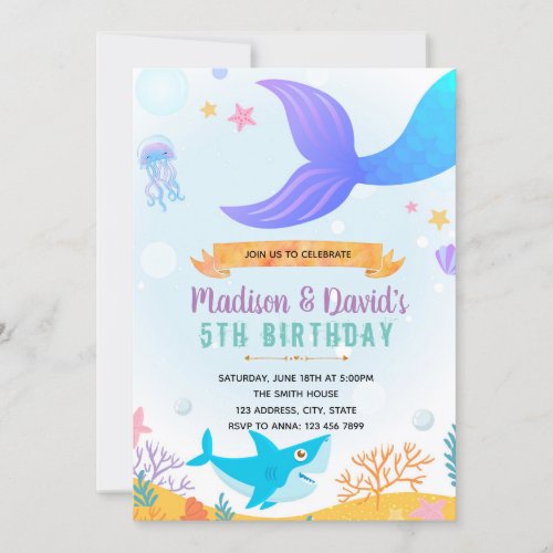 Mermaid and shark party invitation