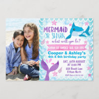 Mermaid and Shark Photo Birthday Invitation