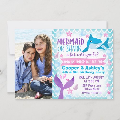Mermaid and Shark Photo Birthday Invitation