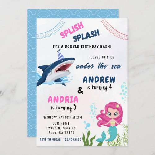 Mermaid And Shark Sibling Joint Birthday Party Invitation