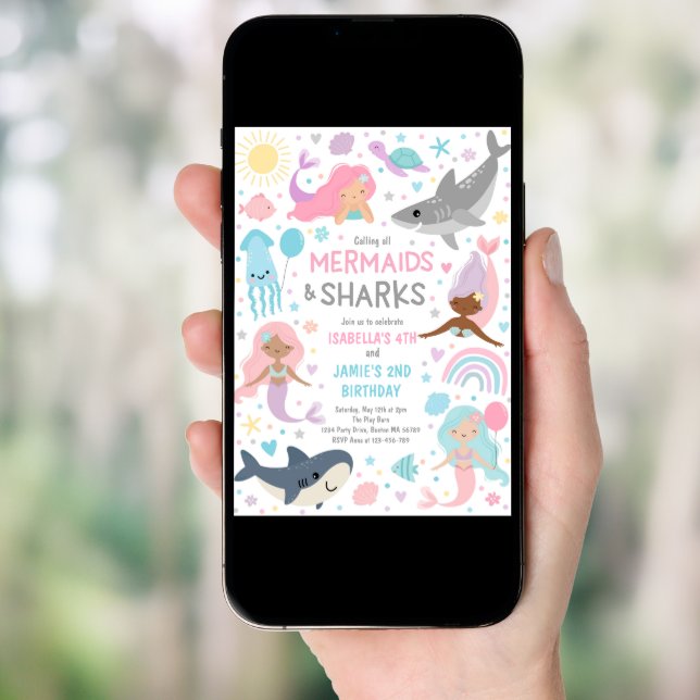 Mermaid And Shark Sibling Joint Birthday Party  Invitation (Front Digital)
