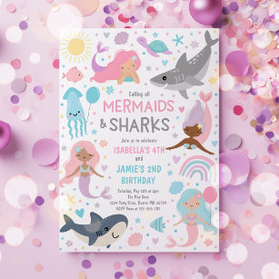 Mermaid And Shark Sibling Joint Birthday Party  Invitation
