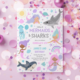 Mermaid And Shark Sibling Joint Birthday Party  Invitation