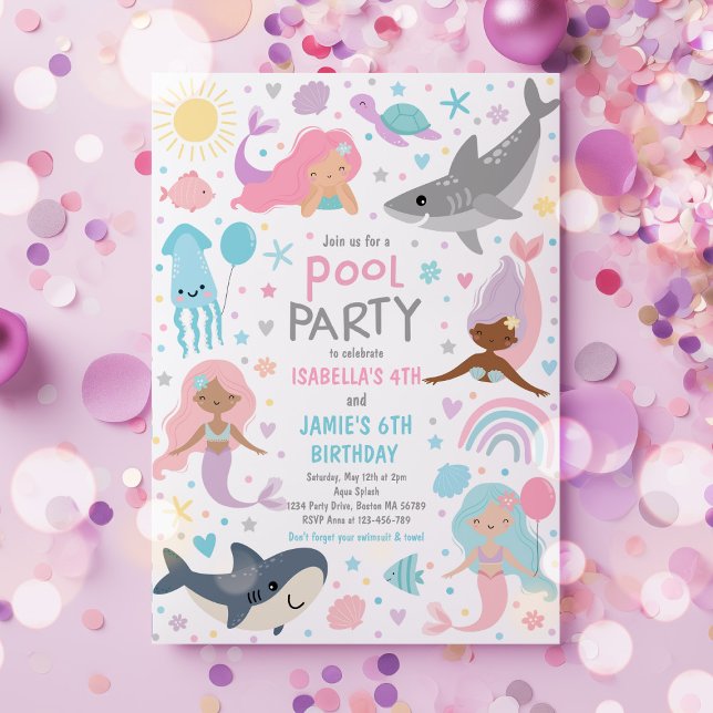 Mermaid And Shark Sibling Pool Birthday Party  Invitation (Creator Uploaded)