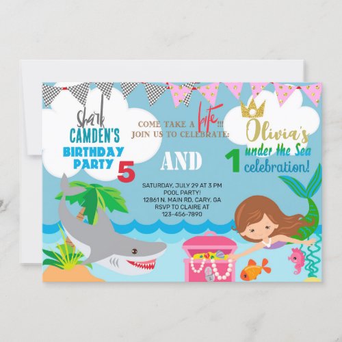 Mermaid and shark siblings invitation invitation