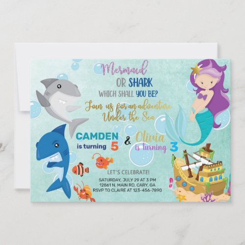 Mermaid and shark siblings invitation invitation