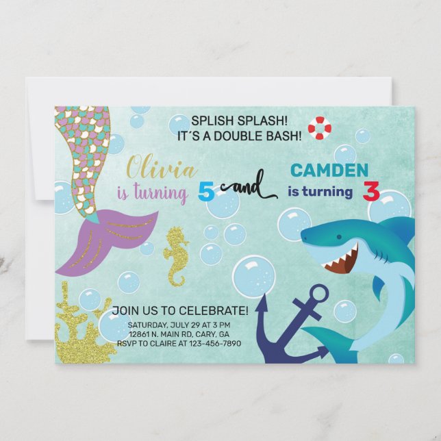 Mermaid and shark siblings invitation. invitation (Front)
