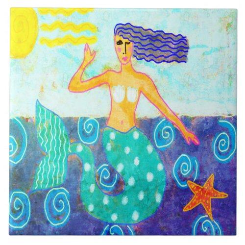 Mermaid and Starfish Abstract Art Ceramic Tile