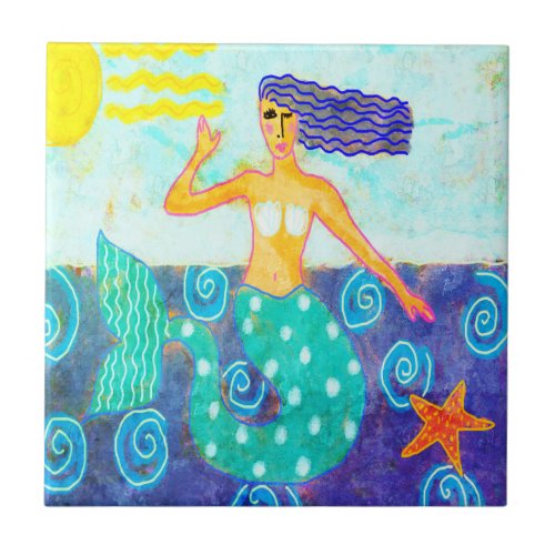 Mermaid and Starfish Abstract Painting Ceramic Tile