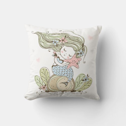 Mermaid And Starfish Nursery Kids Throw Pillow