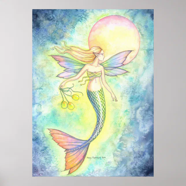 Mermaid and the Moon Bubble Fantasy Art Poster | Zazzle