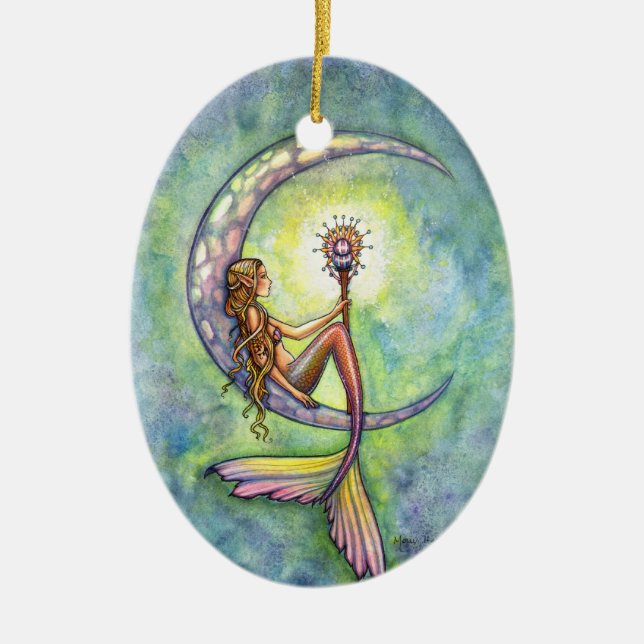 Mermaid and the Moon Fantasy Art Ceramic Ornament (Front)