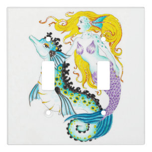 Mermaid And The Seahorse Watercolor Ink Art Light Switch Cover